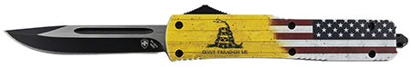 Templar Knife MDTOM331 Don't Tread on Me Gen II Slim 3.50" OTF Drop Point Plain Black 440C SS Blade Red,White,Blue,Yellow Zinc Aluminum Alloy Handle Features Glass Breaker/Pocket Clip
