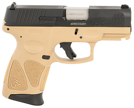 Taurus 1G3C931T G3C Compact Frame 9mm Luger 12+1 3.26" Matte Stainless Steel Barrel, Matte Black Tenifer Serrated Steel Slide, Tan Polymer Frame w/Picatinny Rail, Black Polymer Grip, Right Hand